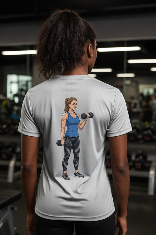 Female athlete wearing Cross T-Shirt Woman - back view with artwork